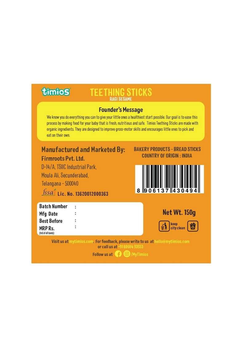 Timios Organic Teething Sticks – Ragi Sesame 150G Nutritious Healthy Baby Snack Preservative Free Rich In Calcium Fiber Soothes Gums Supports Digestion - Indya