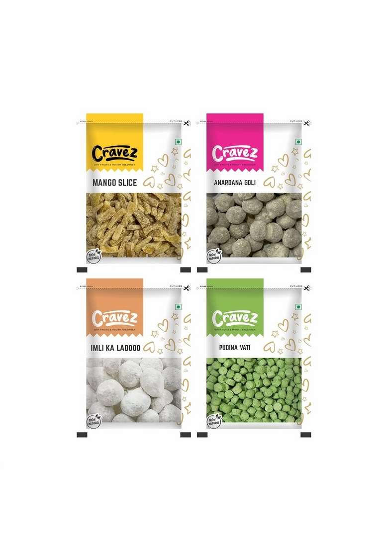 Cravez Digestive Churan Combo Mango Slice Anardana Goli Pudina Vati And Imli Ka Ladoo 100 G Each | After Meal Mouth Freshener Hygienically Zipper Pouch Packed 400Gm Pack Of 4 - Indya