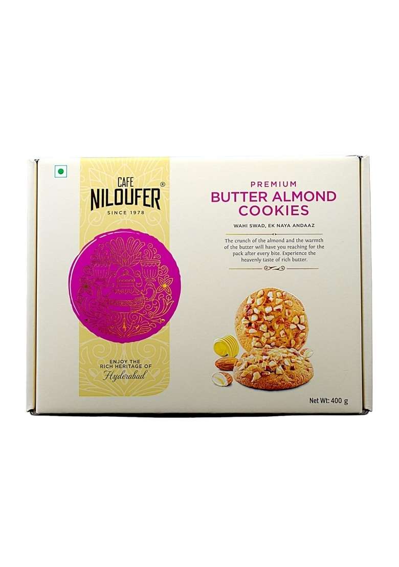 Cafe Niloufer Premium Butter Almond Cookies 400G | Crunchy Delicious Snack Rich In Almonds Fiber Healthy Tea Time Biscuits Good Fats No Preservatives - Indya