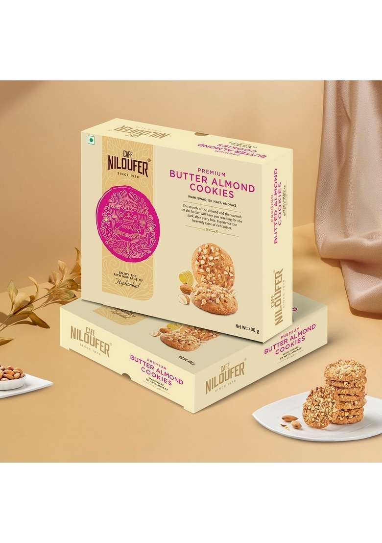 Cafe Niloufer Premium Butter Almond Cookies 400G | Crunchy Delicious Snack Rich In Almonds Fiber Healthy Tea Time Biscuits Good Fats No Preservatives - Indya