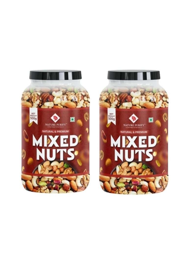 Nature Purify Trail Mix Dry Fruits Fit For Fasting 1 Kg | Healthy Snacks Mixed Nuts With Almonds Cashews Dried Apricots Pista Black Raisin Green More - Indya