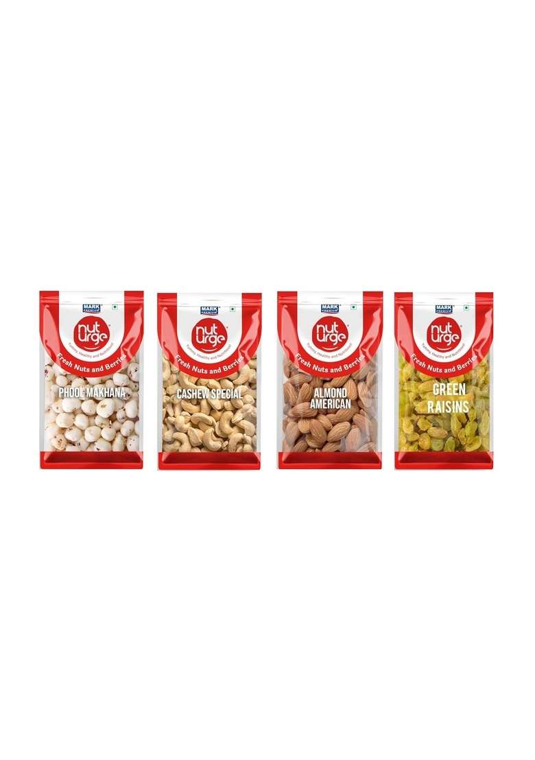 Nut Urge Nuturge Pack Of 4 Dry Fruits Combo Cashew Special 320 Grade 200Gigreen Raisins 200 Gi Almond American G I Phool Makhana Total 800 - Indya