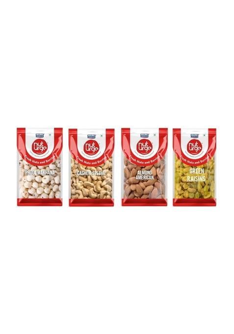 Nut Urge Nuturge Pack Of 4 Dry Fruits Combo Cashew Special 320 Grade 200Gigreen Raisins 200 Gi Almond American G I Phool Makhana Total 800