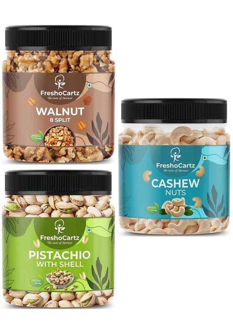 Freshocartz Dry Fruits Combo | Cashew Nuts Walnut And Pistachios 500G Each Kaju Akhrot Pista Pack For Familly Friends Employees Jar Whole Of 3