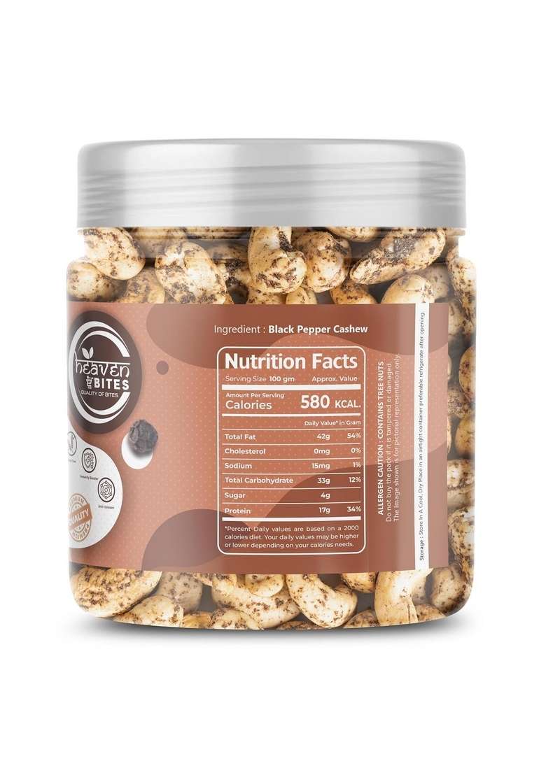 Heaven Bites Premium Roasted Black Pepper Cashews 500Gm | Dry Nut Cashew Snacks Rich In Protein Crunchy Delicious Fruits Kaju Nuts - Indya