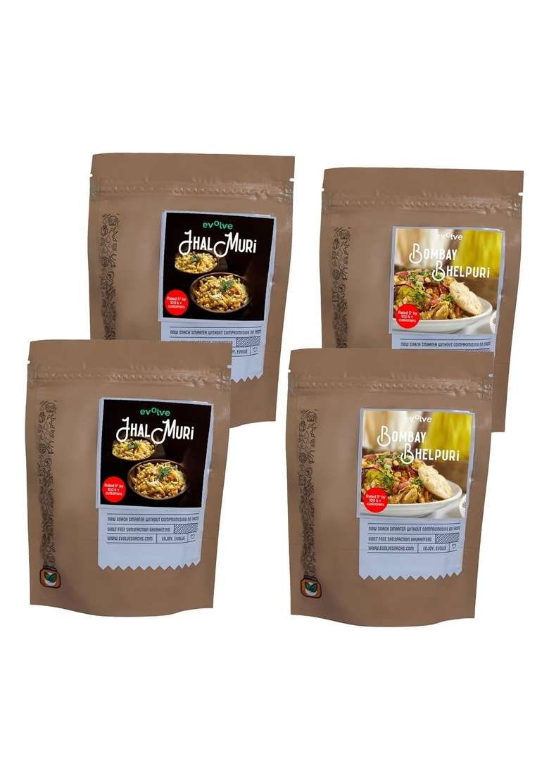 Evolve Snacks Jhalmuri Bombay Bhelpuri Combo Pack – Healthy Indian | High Fiber Protein Complex Carbs Low Calorie Vitamin Mineral Rich Ready To Eat 4 Packs - Indya