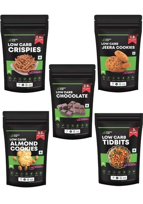 Green Sun Low Carb Snacks Hamper| Pack Of 1 | 5 Healthy Keto Almond Cookies Jeera Cookies| Chocolate |Tidbits Crispies