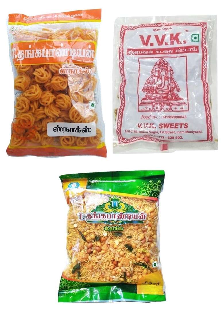 Thangapandiyan Kovilpatti Spicy Gundu Murukku 250 Gm Thangapandian Special Mixure Vvk Kadalai Mittai Groundnut Chikky 225Gm 725 Grams - Indya