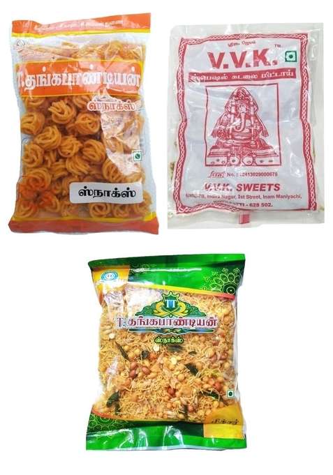 Thangapandiyan Kovilpatti Spicy Gundu Murukku 250 Gm Thangapandian Special Mixure Vvk Kadalai Mittai Groundnut Chikky 225Gm 725 Grams