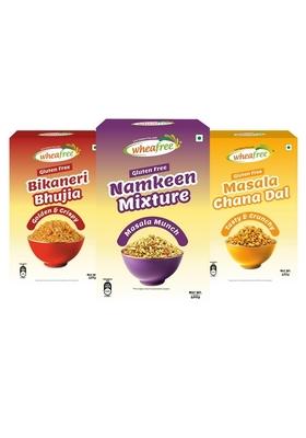 Wheafree Gluten Free Namkeen Combo Pack Bikaneri Bhujia Mixture Masala Chana Dal 400G | Ready To Eat Snacks Indian Tasty And Crunchy Tangy Spicy Taste