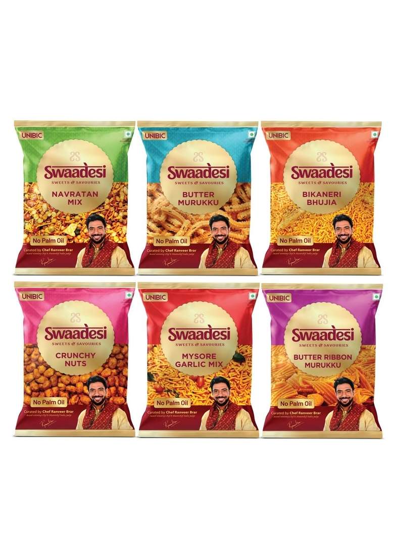 Unibic Swaadesi Assorted Namkeen| Pack Of Six|Unibic No Palm Oil Bikaneri Bhujia| Crunchy Nuts| Navratan Mixture| Butter Murukku| Ribbon Mysore Garlic Mix - Indya