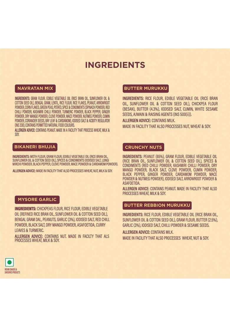 Unibic Swaadesi Assorted Namkeen| Pack Of Six|Unibic No Palm Oil Bikaneri Bhujia| Crunchy Nuts| Navratan Mixture| Butter Murukku| Ribbon Mysore Garlic Mix - Indya
