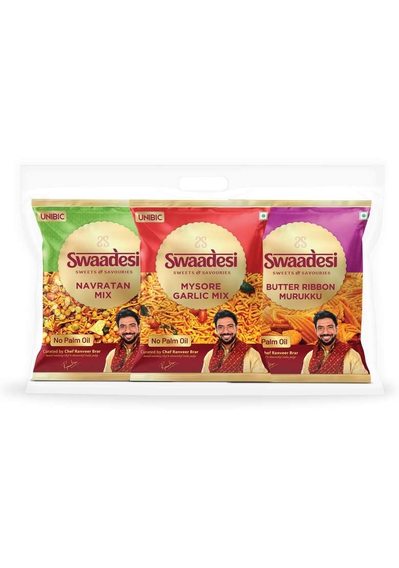 Unibic Swaadesi Assorted Namkeen| Pack Of Six|Unibic No Palm Oil Bikaneri Bhujia| Crunchy Nuts| Navratan Mixture| Butter Murukku| Ribbon Mysore Garlic Mix - Indya