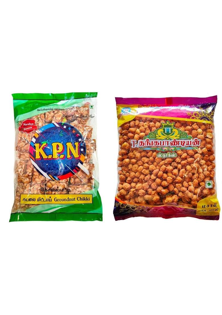 Thangapandiyan Thoothukudi Special Masala Kadalai Peanuts Chikki Candy Combo Pack Of 2 250G 200G - Indya