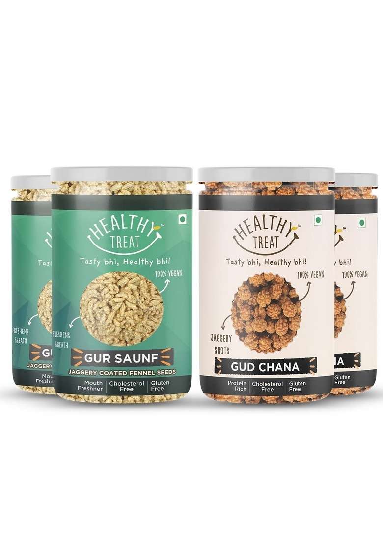 Healthy Treat Gur Chana And Saunf Combo 800Gm | Jaggery Coated Snacks Gud Immunity Booster Mouth Fresheners Snack Perfect For Snacking Anytime Pack Of 4 200Gm Each - Indya