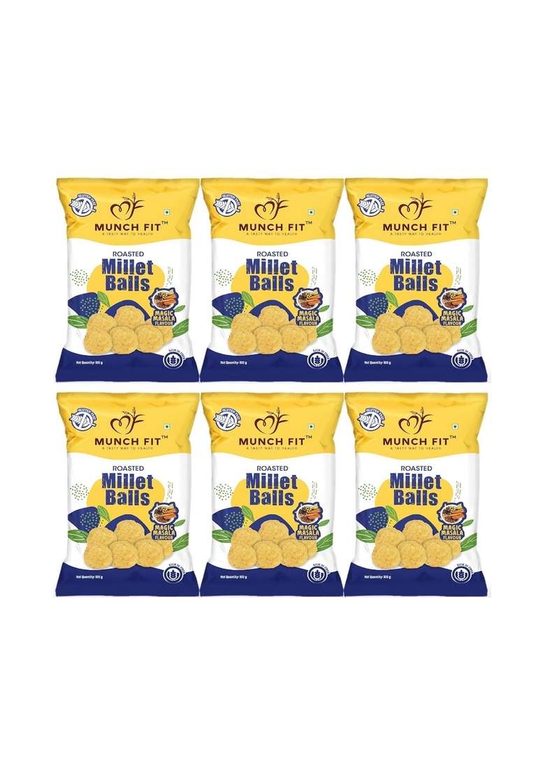 Munch Fit Healthy Roasted Millet Balls Snack Magic Masala | 100 Veg Gluten Free No Added Sugar Low Calorie High Fibre Maida Ready To Eat Snacks Pack Of 6X100G Each - Indya