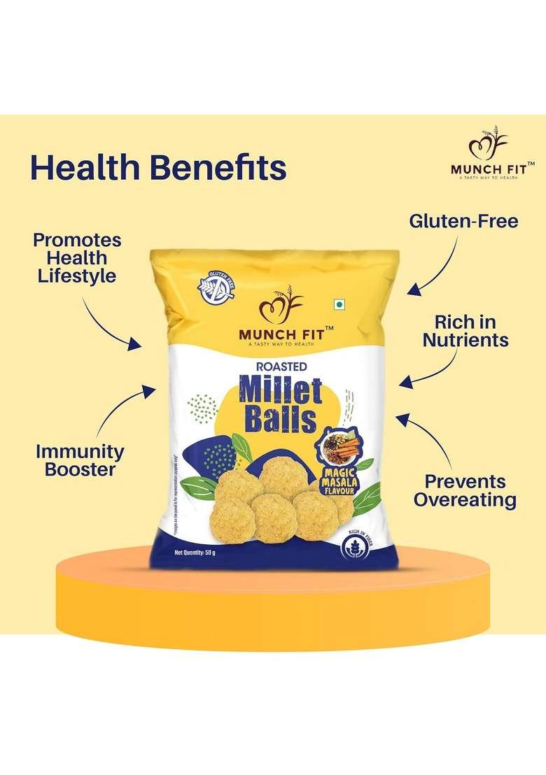 Munch Fit Healthy Roasted Millet Balls Snack Magic Masala | 100 Veg Gluten Free No Added Sugar Low Calorie High Fibre Maida Ready To Eat Snacks Pack Of 6X100G Each - Indya