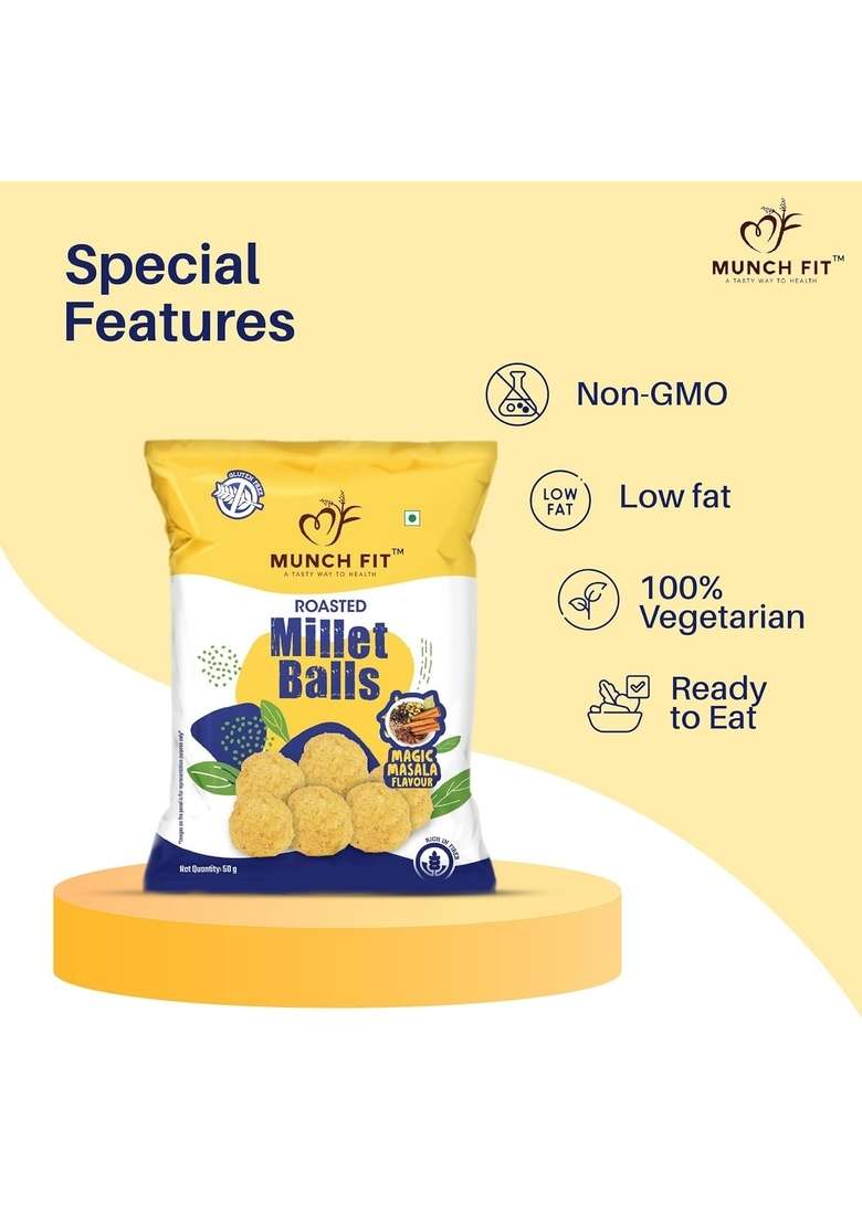 Munch Fit Healthy Roasted Millet Balls Snack Magic Masala | 100 Veg Gluten Free No Added Sugar Low Calorie High Fibre Maida Ready To Eat Snacks Pack Of 6X100G Each - Indya