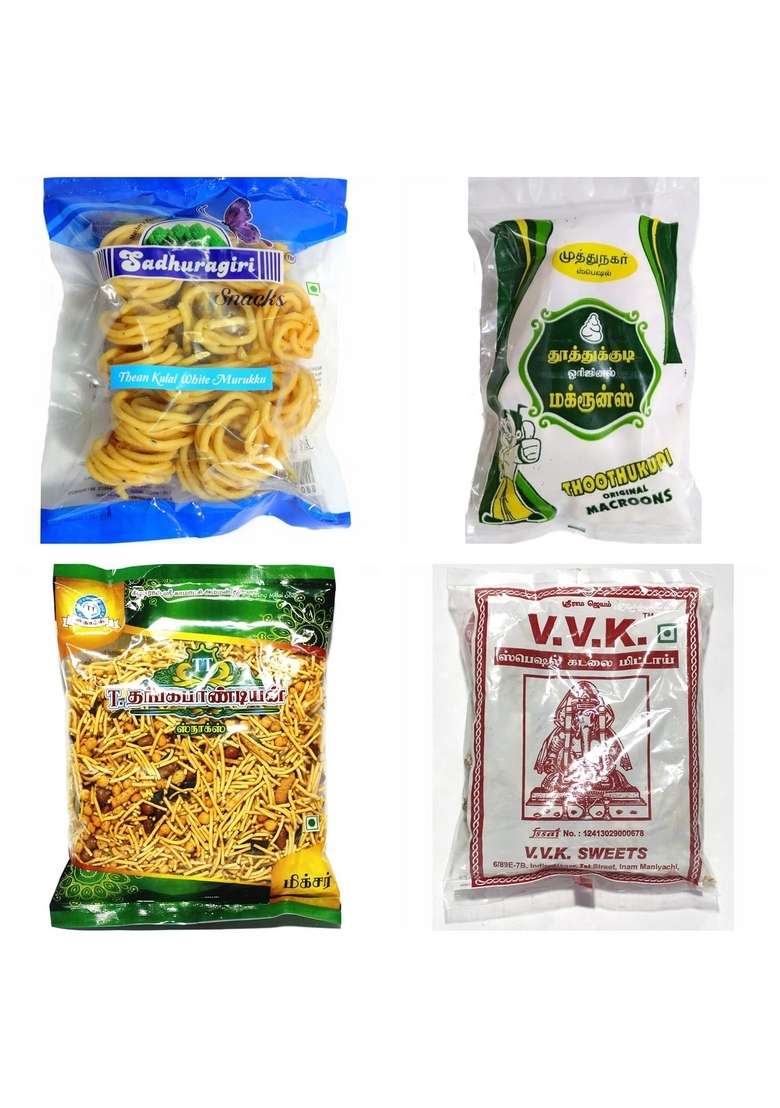 Thangapandiyan Big Mixture 250Gm Kovilpatti Vvk Kadalai Mittai 225Gm Thoothukudi Original Macroon 100Gm Sadhuragiri Thenkuzhal Murukku 120Gm 700 Grams - Indya