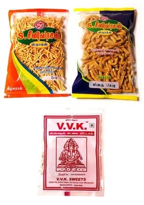 S Seenivasan Mittai Kadai Special Kara Sev 250G | Pepper V K Kovilpatti Kadalai Groundnut Chikky 225G Pack Of 3 725G