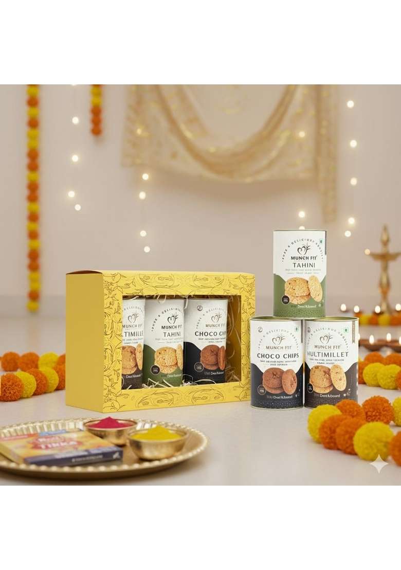 Munch Fit Munchfit Healthy Cookies Gift Hamper For Bhai Dooj With Tikka Pack | Of 3 Varieties Choco Chip Multi Millet Tahini Perfect Your Brother Sister 1X125G Each - Indya