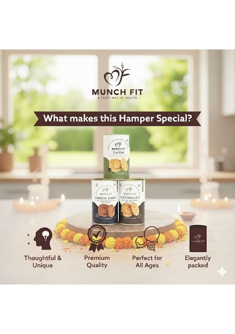 Munch Fit Munchfit Healthy Cookies Gift Hamper For Bhai Dooj With Tikka Pack | Of 3 Varieties Choco Chip Multi Millet Tahini Perfect Your Brother Sister 1X125G Each - Indya