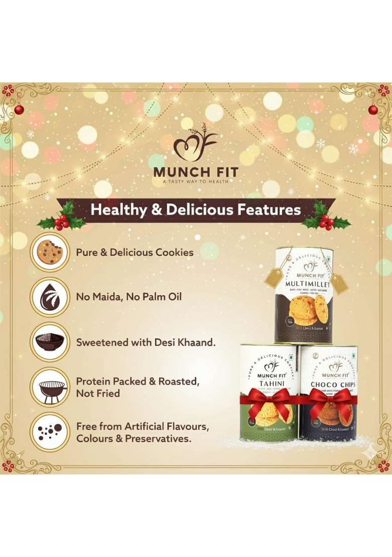 Munch Fit Munchfit Healthy Cookies Gift Hamper For Bhai Dooj With Tikka Pack | Of 3 Varieties Choco Chip Multi Millet Tahini Perfect Your Brother Sister 1X125G Each - Indya