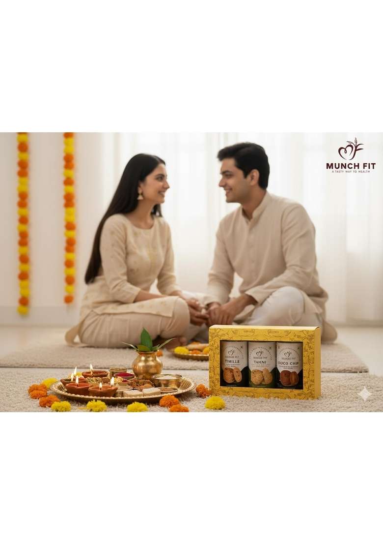 Munch Fit Munchfit Healthy Cookies Gift Hamper For Bhai Dooj With Tikka Pack | Of 3 Varieties Choco Chip Multi Millet Tahini Perfect Your Brother Sister 1X125G Each - Indya