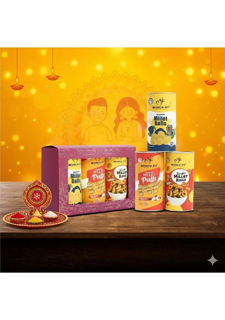 Munch Fit Munchfit Healthy Bhai Dooj Gift Hamper With Roli Tikka Pack |Combo Of 3 Varieties Tasty Snacks Puffs |Magic Masala Chilli Garlic Tangy Tomato | Duj For Your Brother |1X30G Each - Indya