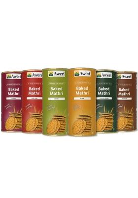 Aweri All In One Baked Mathri Combo Pack Of 6 Cans 384G Each | No Maida Palm Oil Flavours Plain Methi Ajwain Achari Peri Italian Healthy Snack Vacuum Sealed Namkeen Mathi