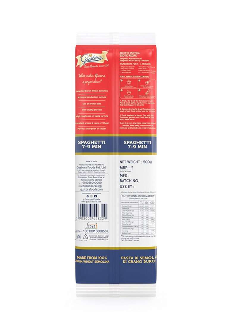 Gustora Spaghetti Pasta 500G I Made Of Durum Wheat Semolina Rich In Protein Fibre Vegetarian Zero Cholesterol No Trans Fat Cooking Time 10 Min - Indya