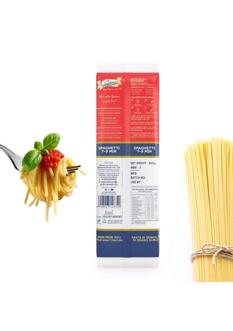 Gustora Spaghetti Pasta 500G I Made Of Durum Wheat Semolina Rich In Protein Fibre Vegetarian Zero Cholesterol No Trans Fat Cooking Time 10 Min - Indya