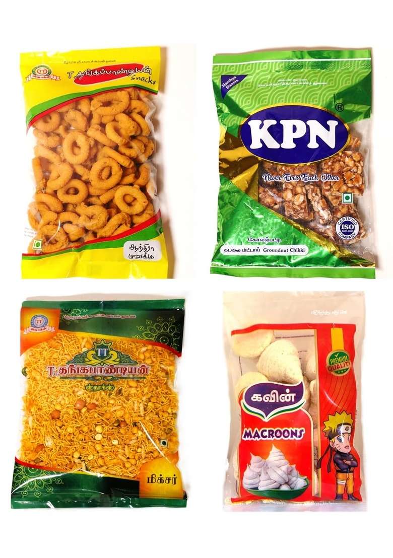 T தங்கபாண்டியன் Thangapandiyan Andhra Murukku 200Gm Thoothukudi Macroons 100Gm Tt Special Mixture 250Gm Kpn Groundnut Chikki - Indya