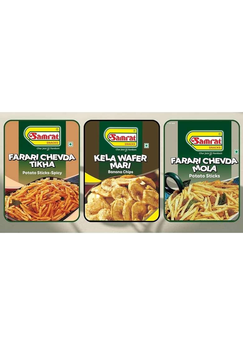Samrat Samrat| Assorted Farari Combo Pack Of 3 | Chevda Tikha Kela Wafer Mari Banana Chips Mola Snacks |Tasty Healthy Snacks| Namkeen|3X400G|1200G| - Indya