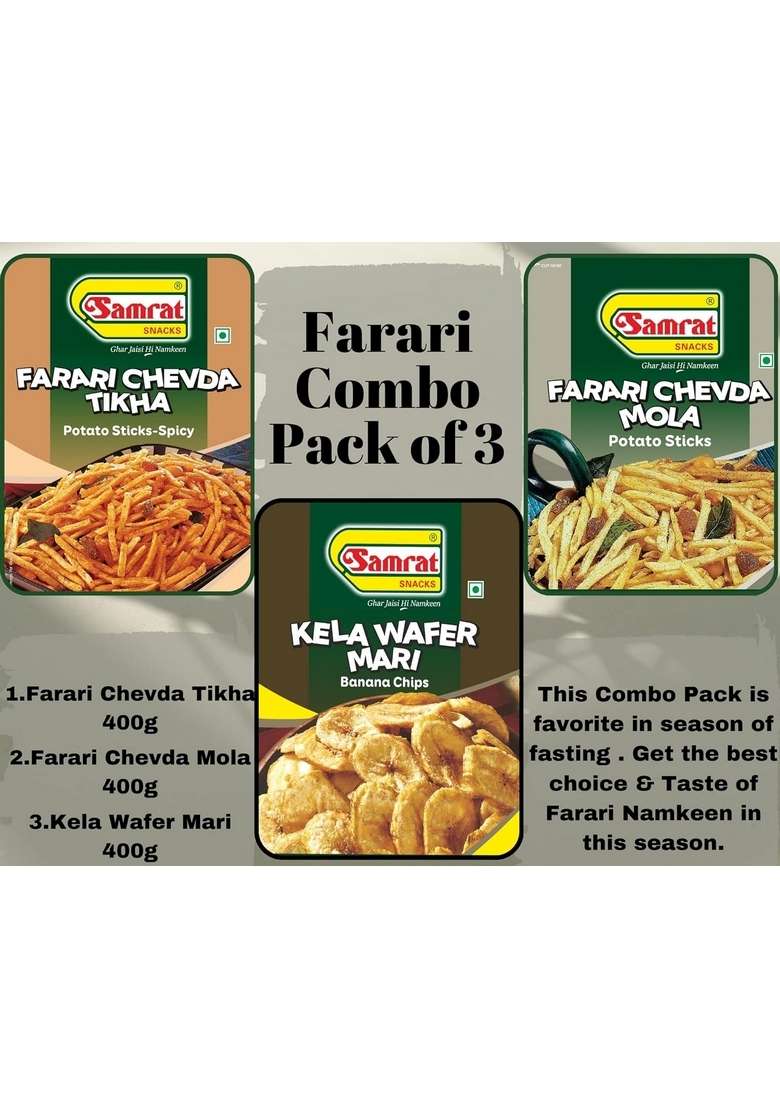 Samrat Samrat| Assorted Farari Combo Pack Of 3 | Chevda Tikha Kela Wafer Mari Banana Chips Mola Snacks |Tasty Healthy Snacks| Namkeen|3X400G|1200G| - Indya