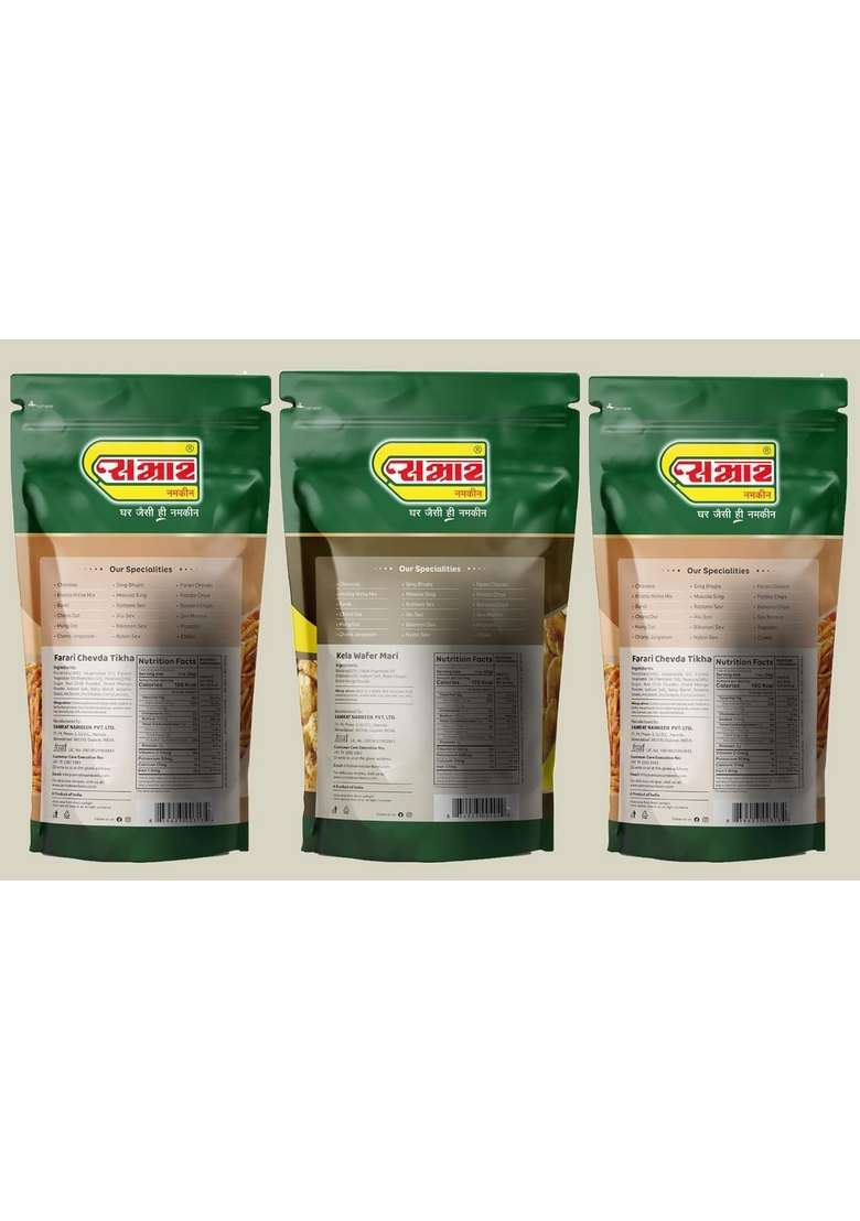 Samrat Samrat| Assorted Farari Combo Pack Of 3 | Chevda Tikha Kela Wafer Mari Banana Chips Mola Snacks |Tasty Healthy Snacks| Namkeen|3X400G|1200G| - Indya