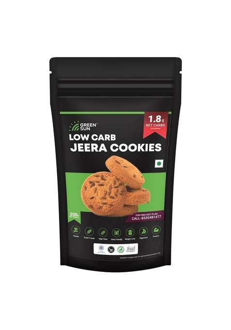 Green Sun Low Carb Jeera Cookies|200Gm | 0 6 G Net Per Biscuit Keto Friendly| Sugar Free Natural Sweetener Stevia |Healthy High Fiber Super Foods Crispy