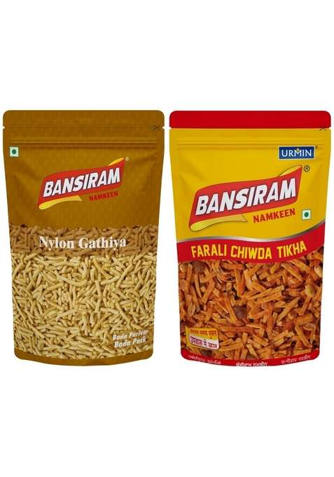 Bansi Ram Bansiram Namkeen Combo Pack | Nylon Gathiya 400G Farali Chiwda Tikha 350G Spicy Crunchy Indian Snacks Upvas Special Fasting Ready To Eat Tea Time Snack – 750G Total