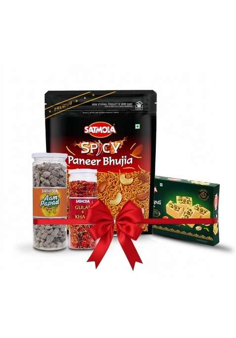 Satmola Festive Snacks Sweets Gift Pack With Spicy Paneer Bhujia Namkeen 400G Soan Papdi Digestive Aam Papad 220G Gulab Mouth Freshener 200G | For Family Friends