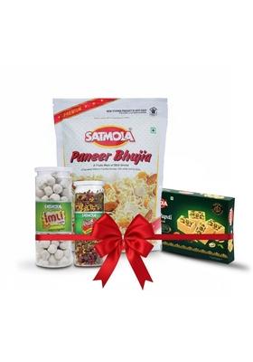Satmola Satmol Festive Gift Hamper With Paneer Bhujia Namkeen 300G Soan Papdi 400G Digestive Imli Laddu 220G Pan Mouth Freshener 200G | For Family Friends
