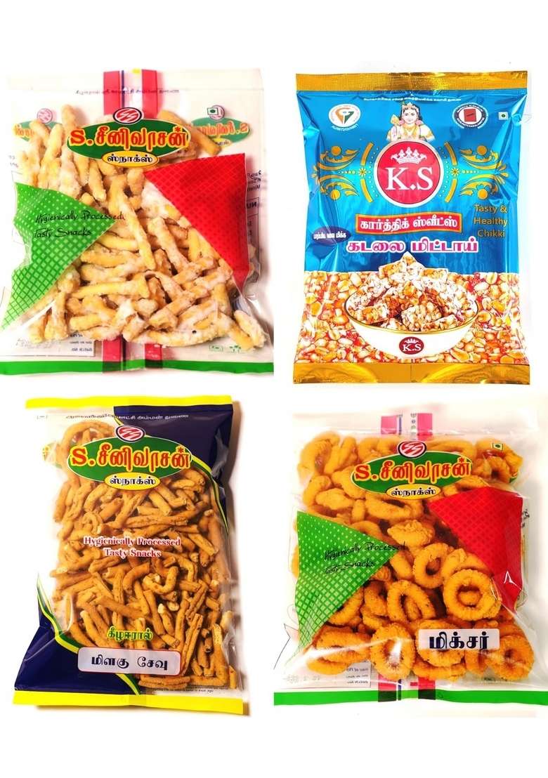 S Seenivasan Mittai Kadai Pack Of 4 Sweet Sev Andhra Murukku Pepper Ks Kadalai 1Kg - Indya