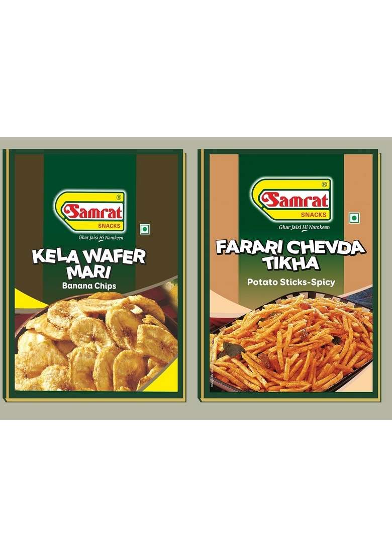 Samrat Samrat| Assorted Farari Combo Pack Of 2 | Chevda Tikha Kela Wafer Mari Banana Chips Snacks |Tasty Healthy Snacks| Namkeen|2X400G|800G| - Indya