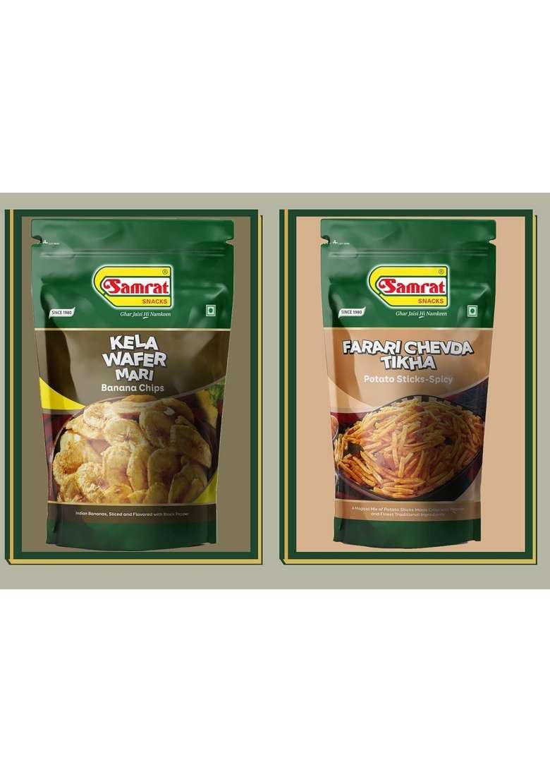 Samrat Samrat| Assorted Farari Combo Pack Of 2 | Chevda Tikha Kela Wafer Mari Banana Chips Snacks |Tasty Healthy Snacks| Namkeen|2X400G|800G| - Indya