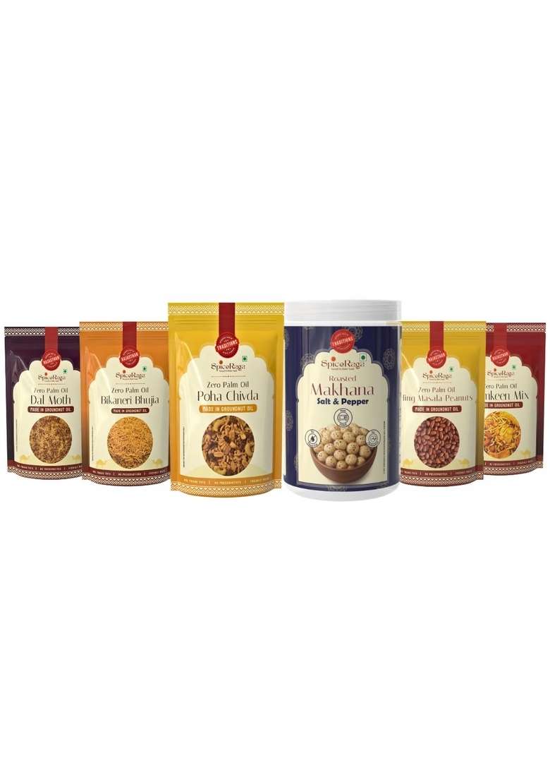 Spiceraga | Bikaneri Bhujia Dalmoth Mix Namkeen Hing Masala Peanuts Poha Chivda Salt Pepper Makhana Made With Pure Groundnut Oil No Palm Trans Fat Indian Snacks Combo Pack Of 5 Jain Singdhana Dal Moth Total 870G - Indya