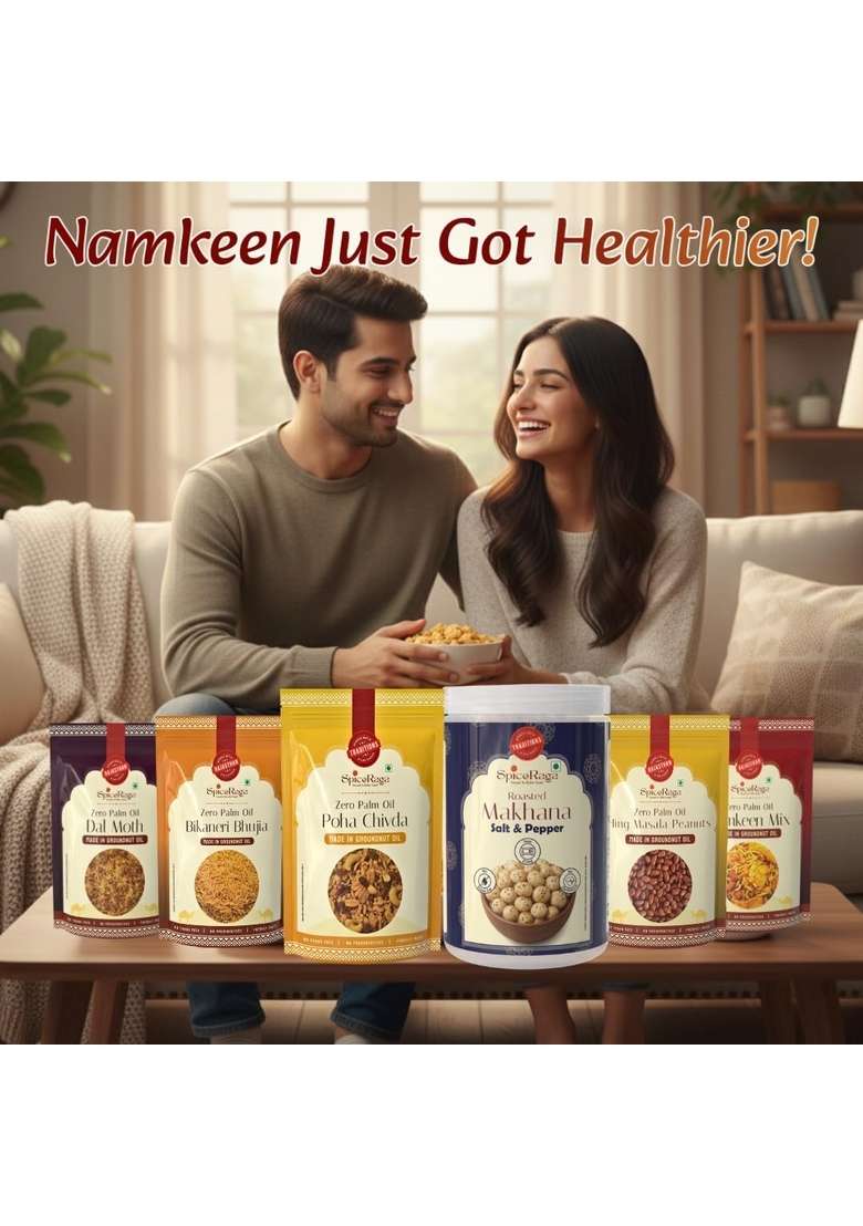 Spiceraga | Bikaneri Bhujia Dalmoth Mix Namkeen Hing Masala Peanuts Poha Chivda Salt Pepper Makhana Made With Pure Groundnut Oil No Palm Trans Fat Indian Snacks Combo Pack Of 5 Jain Singdhana Dal Moth Total 870G - Indya