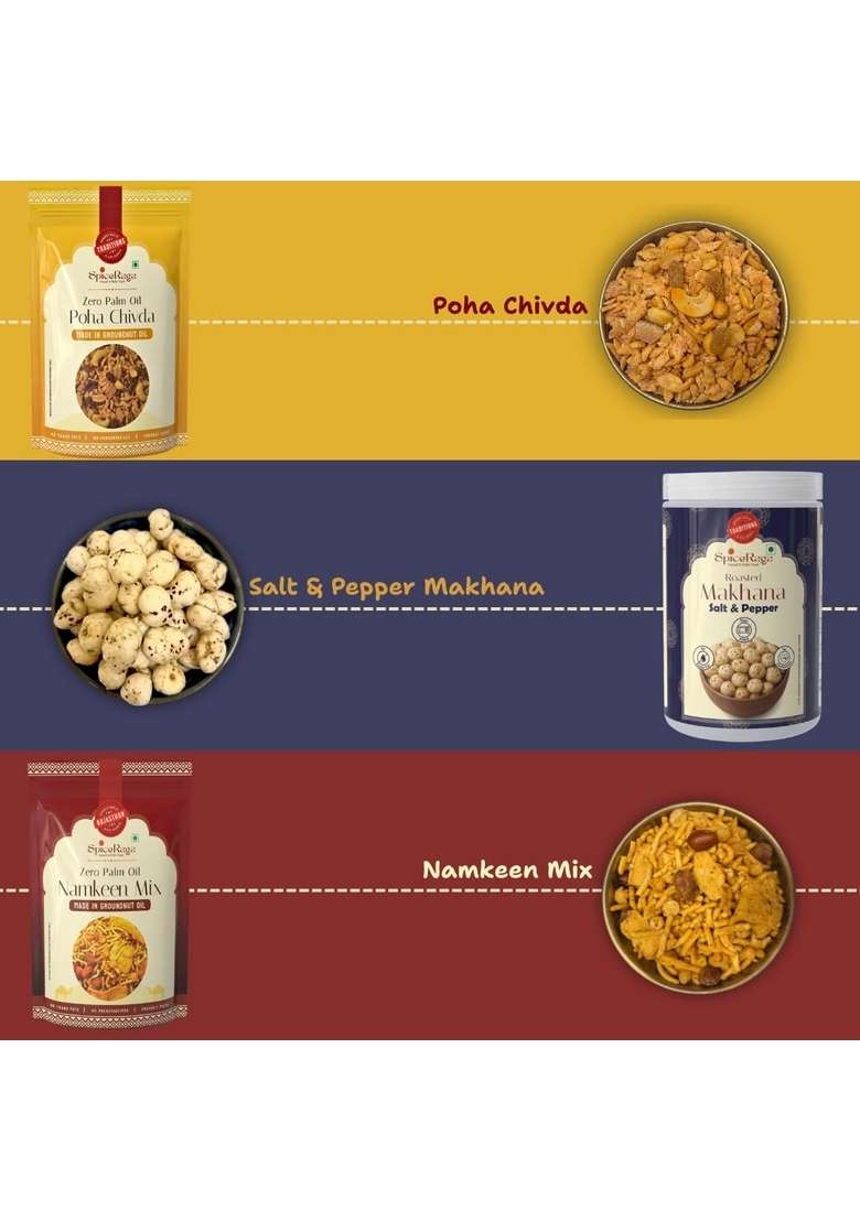 Spiceraga | Bikaneri Bhujia Dalmoth Mix Namkeen Hing Masala Peanuts Poha Chivda Salt Pepper Makhana Made With Pure Groundnut Oil No Palm Trans Fat Indian Snacks Combo Pack Of 5 Jain Singdhana Dal Moth Total 870G - Indya