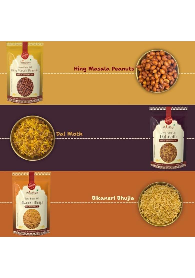 Spiceraga | Bikaneri Bhujia Dalmoth Mix Namkeen Hing Masala Peanuts Poha Chivda Salt Pepper Makhana Made With Pure Groundnut Oil No Palm Trans Fat Indian Snacks Combo Pack Of 5 Jain Singdhana Dal Moth Total 870G - Indya