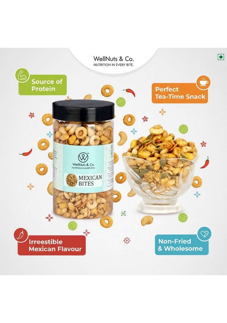 Wellnuts Co Mexican Bites | Spicy Roasted Snack Mix Crunchy High Protein Fibre Rich Gluten Free Vegan Trail Tasty Office Travel Party – 200G Pack Of 2 - Indya