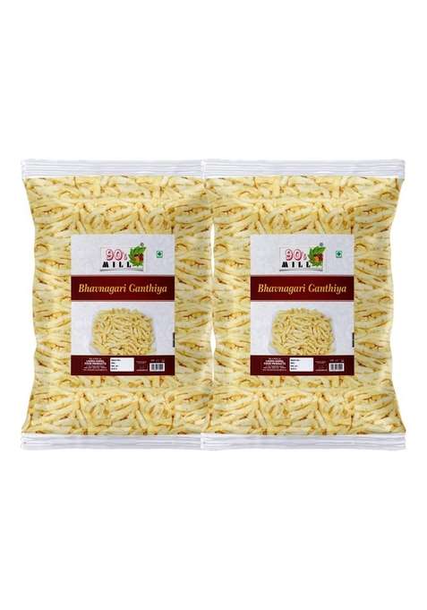 90'S Mill Malwa Suryapur Bhavnagari Gathiya Namkeen | Bhavnagri Fried Gram Flour Sticks Carom Seeds Ganthiya Made In Groundnut Oil Festive Favourite Lite Savoury Snack 350G 2Pack