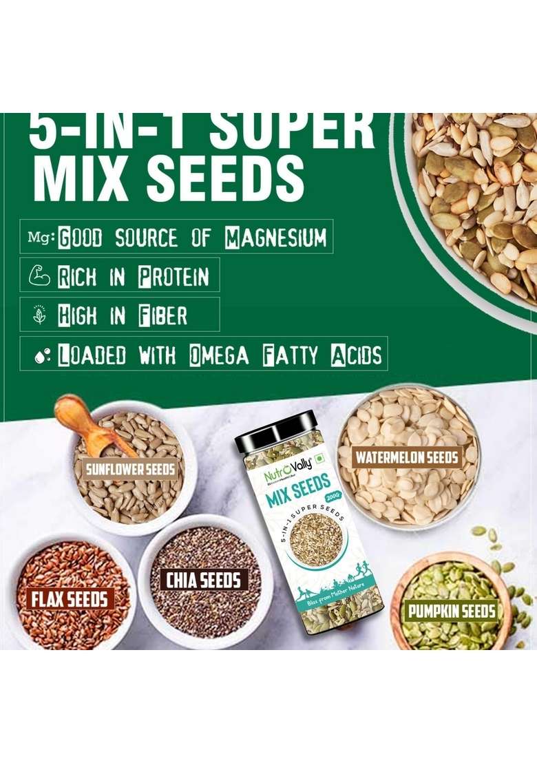 Nutrovally 5 In 1 Mix Seeds For Weight Loss | Nutrients Rich Premium Diet Chia Brown Flax Pumpkin Sunflower Watermelon 200 G Pack Of 2 - Indya